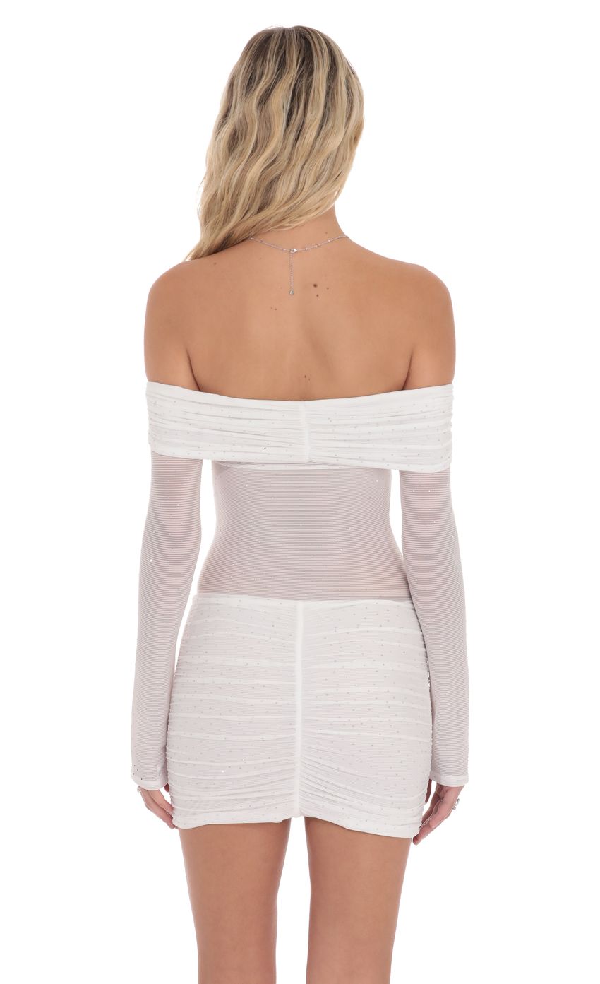 Picture Rhinestone Mesh Off Shoulder Dress in White. Source: https://media-img.lucyinthesky.com/data/product-media/850xAUTO/9d5e1652-9f76-4a59-8f11-c2440391bac9.jpg
