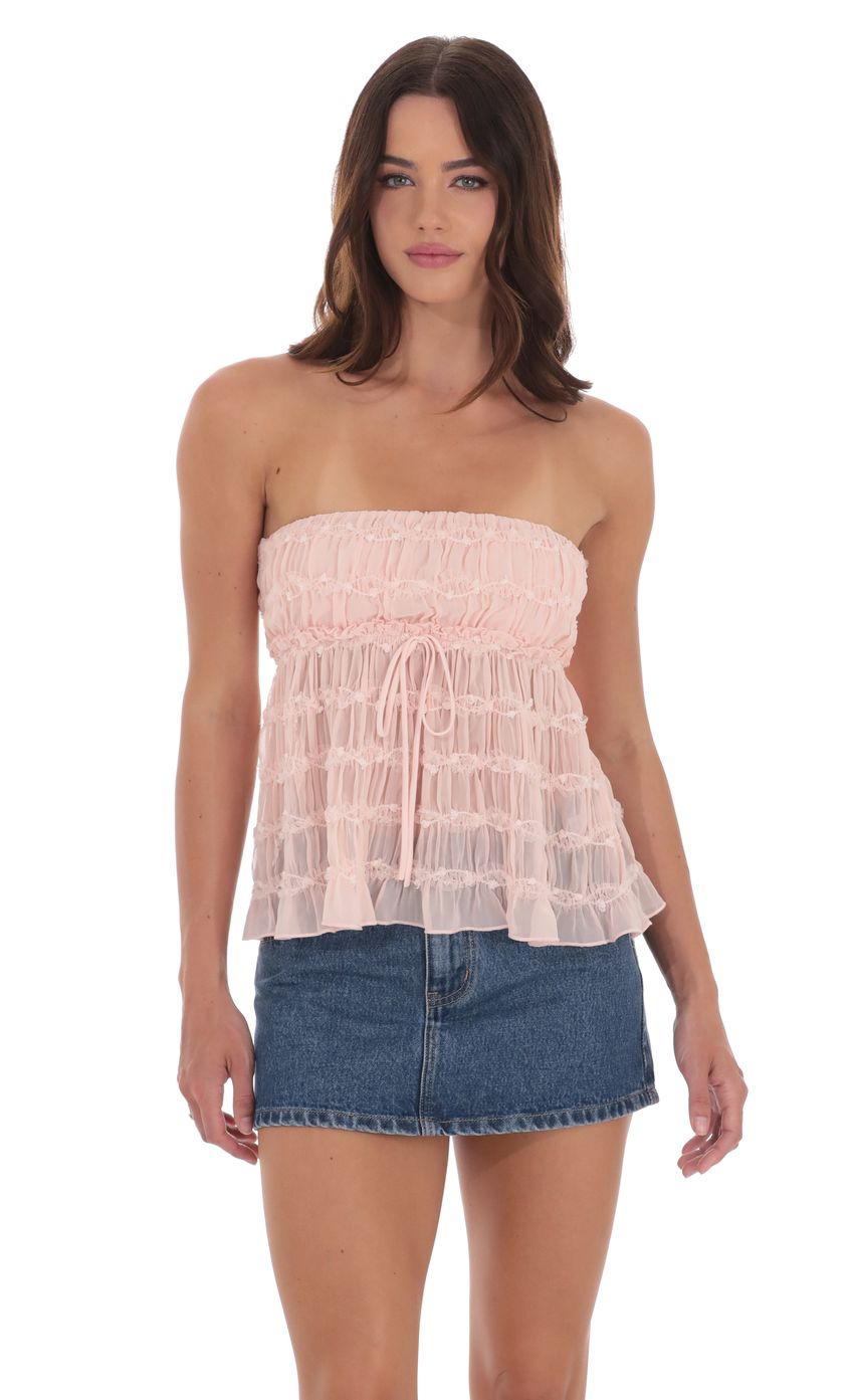 Picture Smocked Strapless Babydoll Top in Pink. Source: https://media-img.lucyinthesky.com/data/product-media/850xAUTO/9d65c640-0f5b-4dac-a243-a5cb664a4db0.jpg