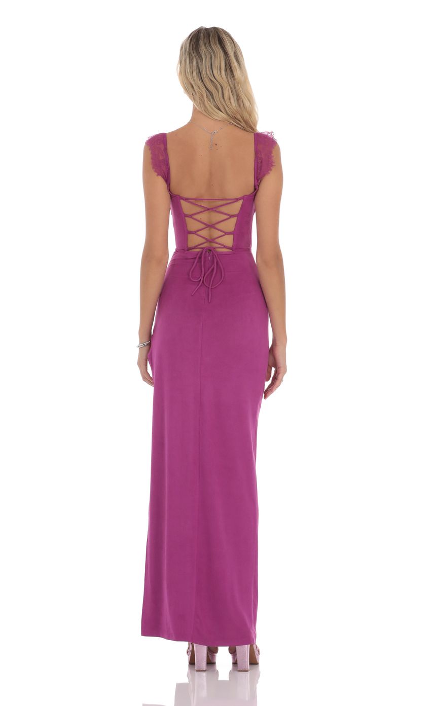 Picture Suede Draped Lace Maxi Dress in Magenta. Source: https://media-img.lucyinthesky.com/data/product-media/850xAUTO/9daf4a58-d298-44cc-bf7e-9a2757584783.jpg