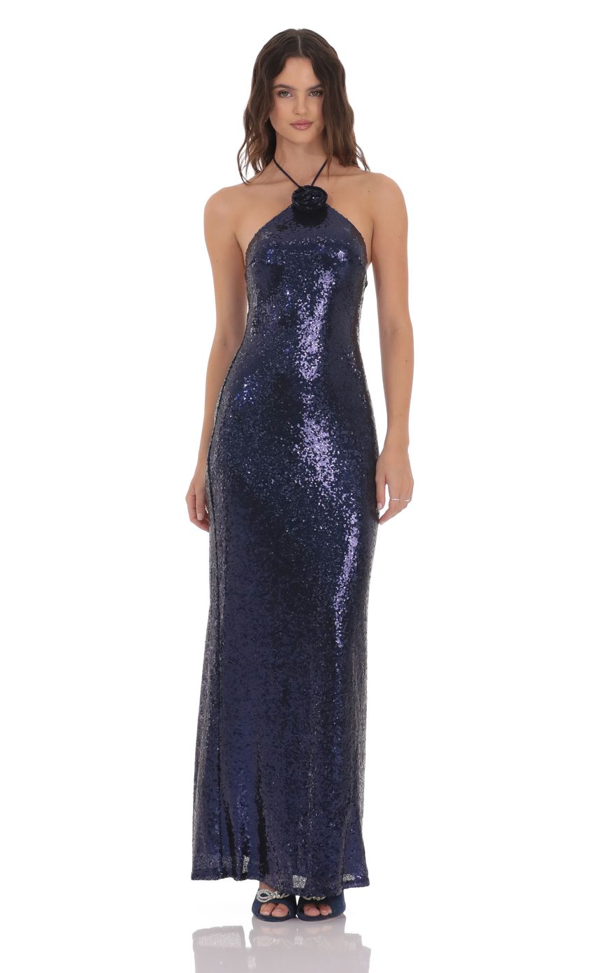 Product image for Sequin Florette Halter Maxi Dress in Navy