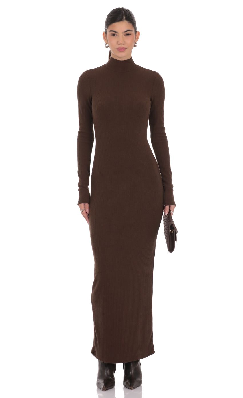 Product image for Ribbed Knit Mock Neck Maxi Dress in Brown