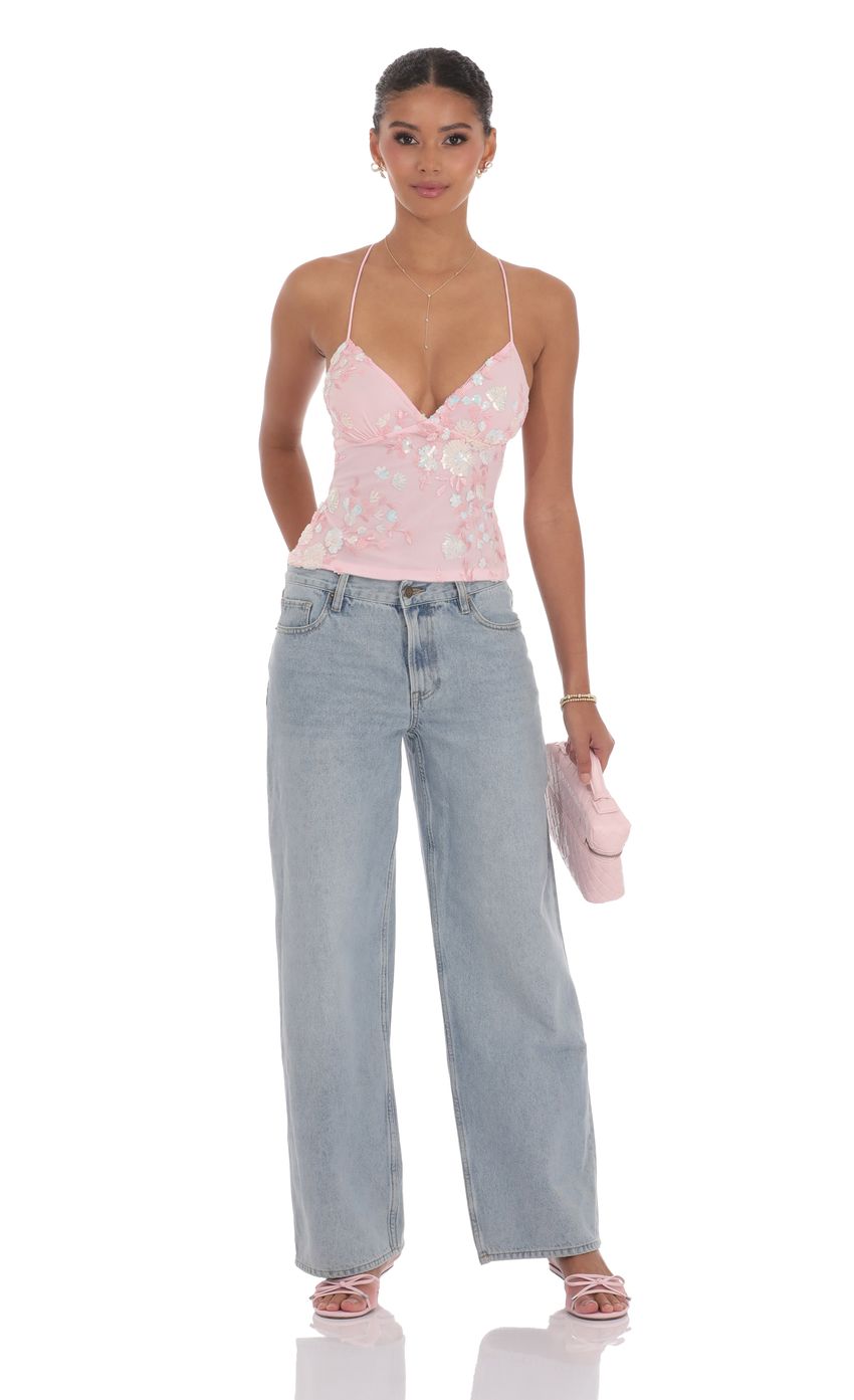 Picture Open Back Sequin Floral Top in Pink. Source: https://media-img.lucyinthesky.com/data/product-media/850xAUTO/9eb348c2-b1ec-4f6b-b579-8e4a1c11e9b4.jpg
