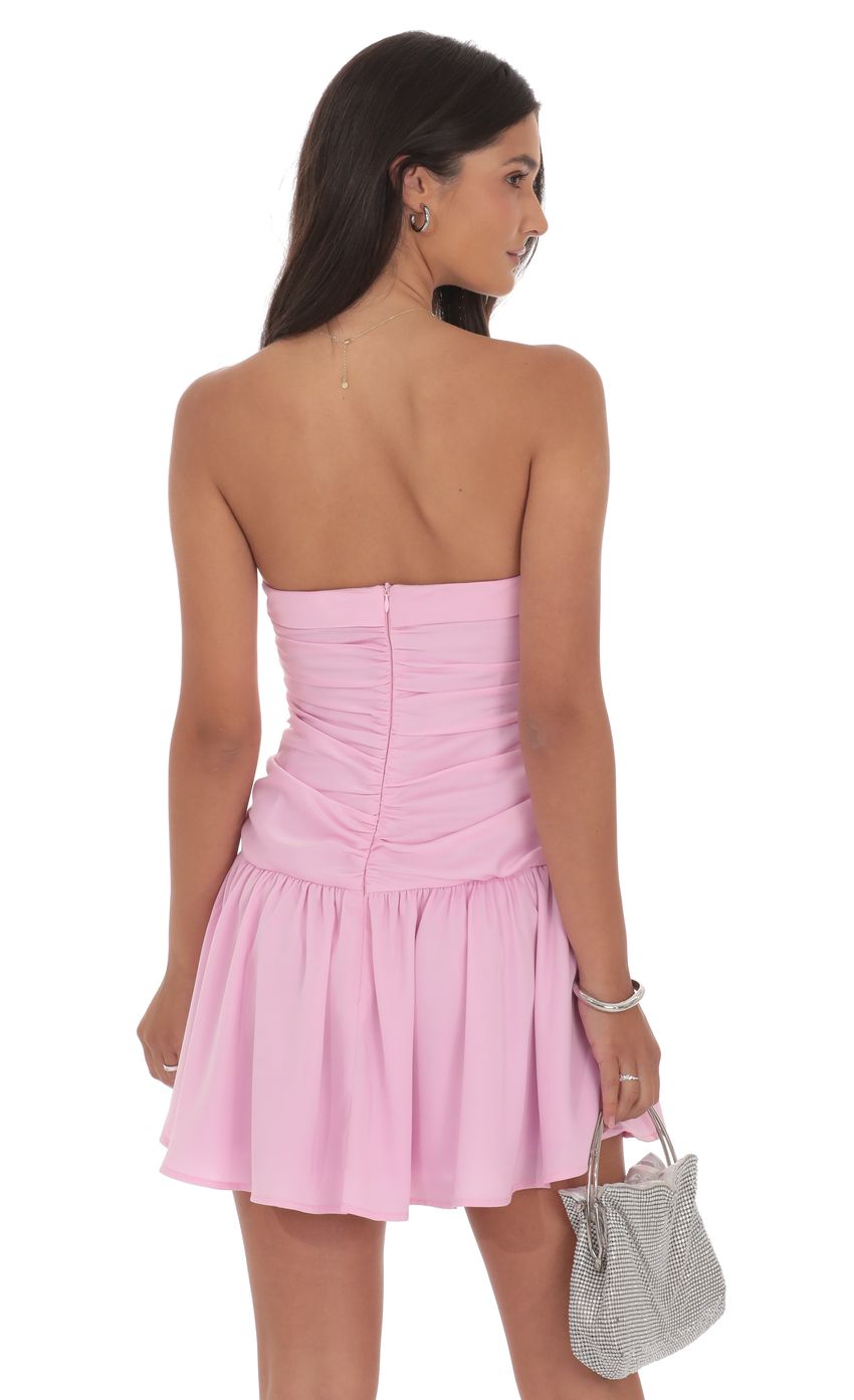 Product image for Matte Satin Strapless Ruched Flare Dress in Pink