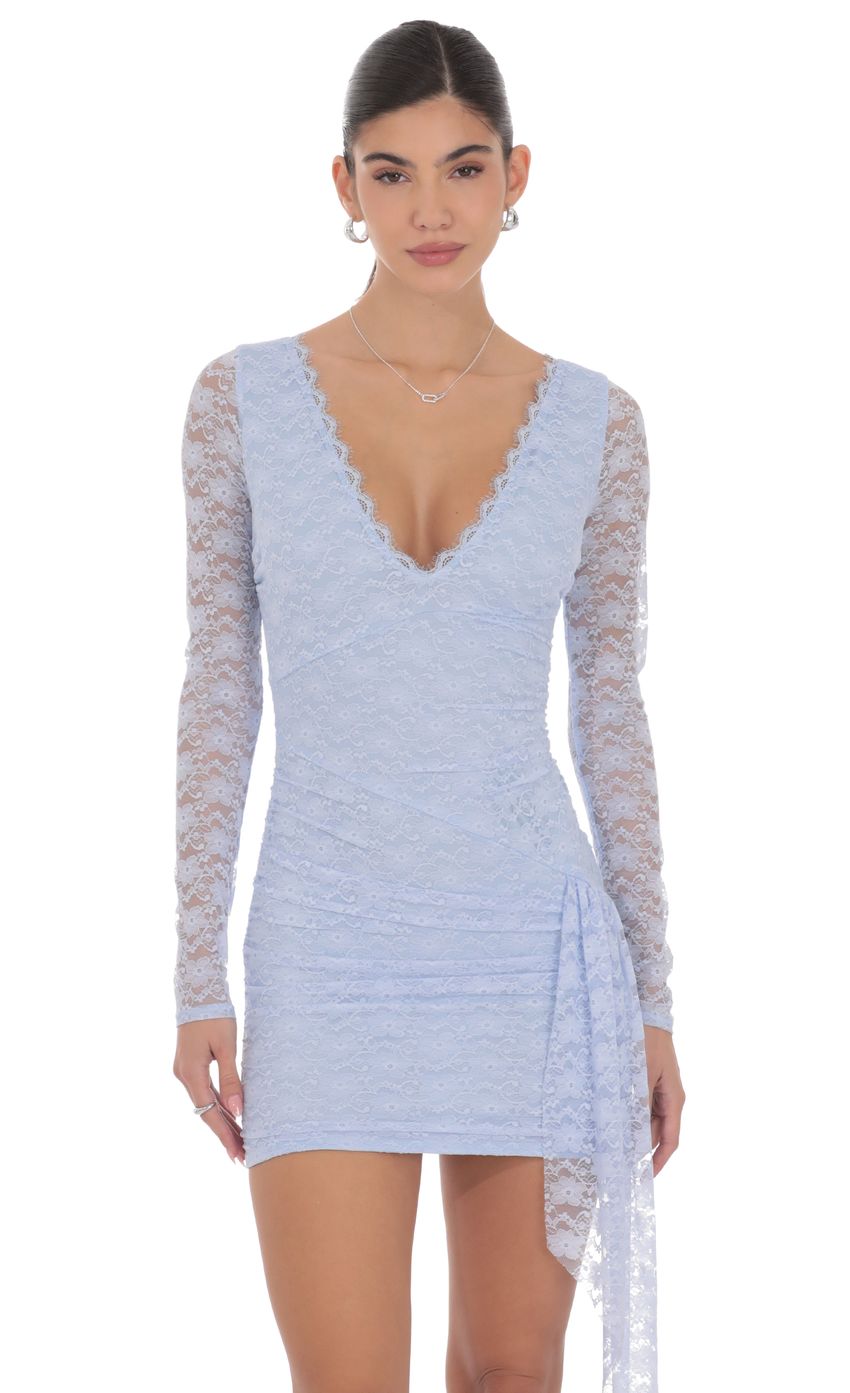 Product image for Lace Long Sleeve Tassel Dress in Light Blue