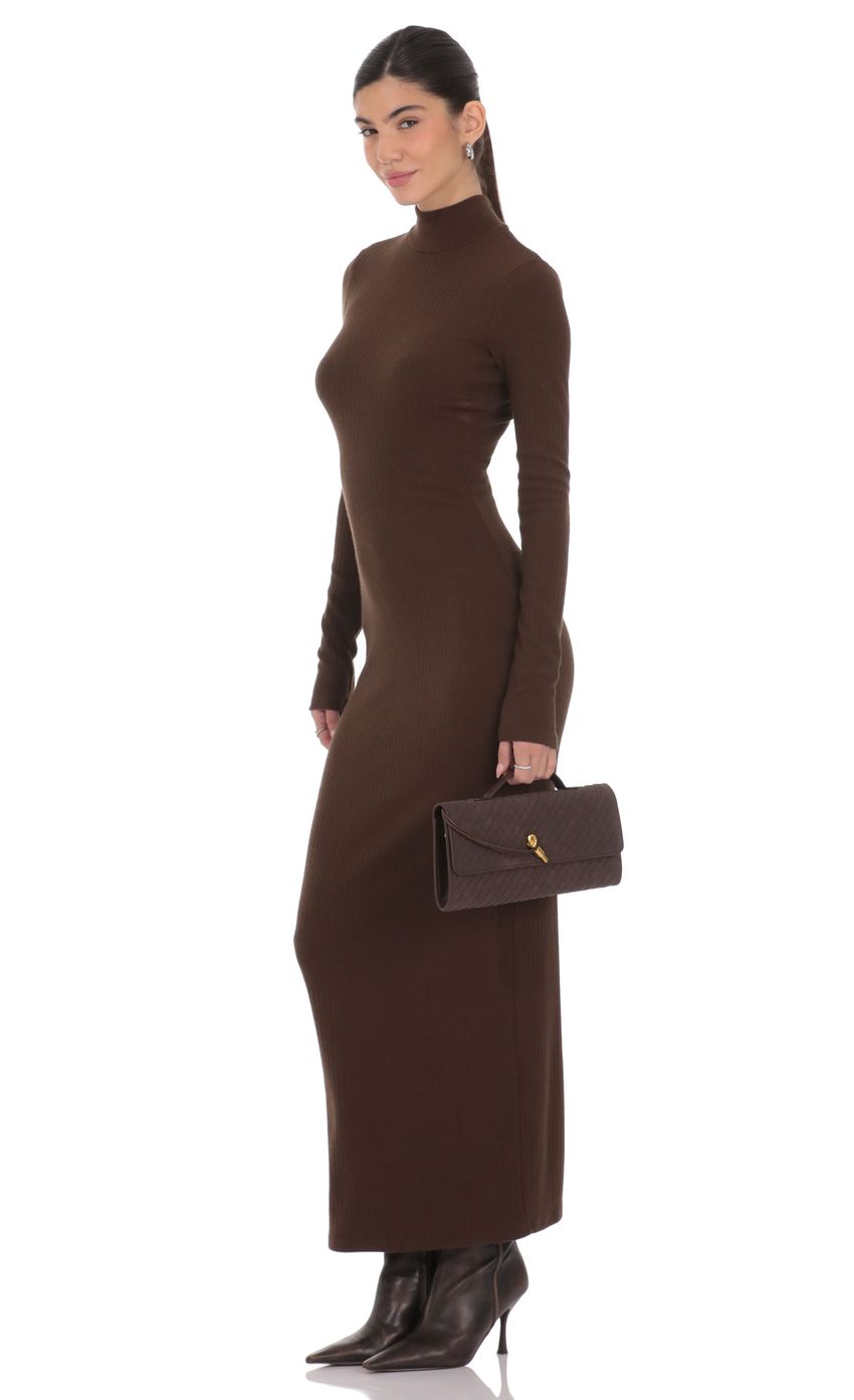 Product image for Ribbed Knit Mock Neck Maxi Dress in Brown