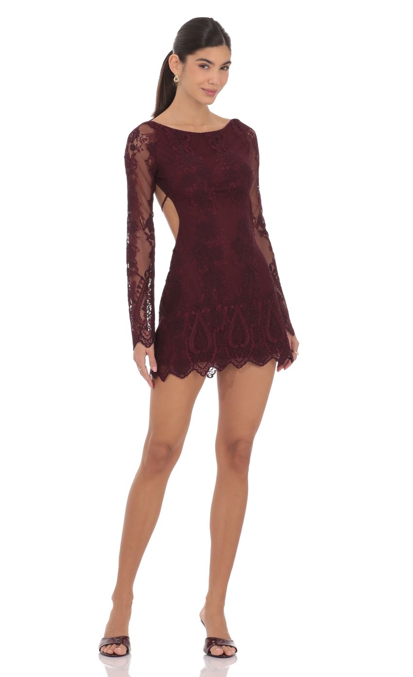 Product image for Lace Open Back Long Sleeve Dress in Burgundy
