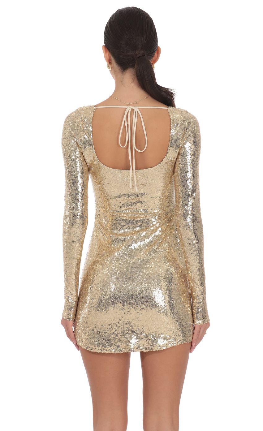 Product image for Sequin V-Neck Long Sleeve Dress in Gold
