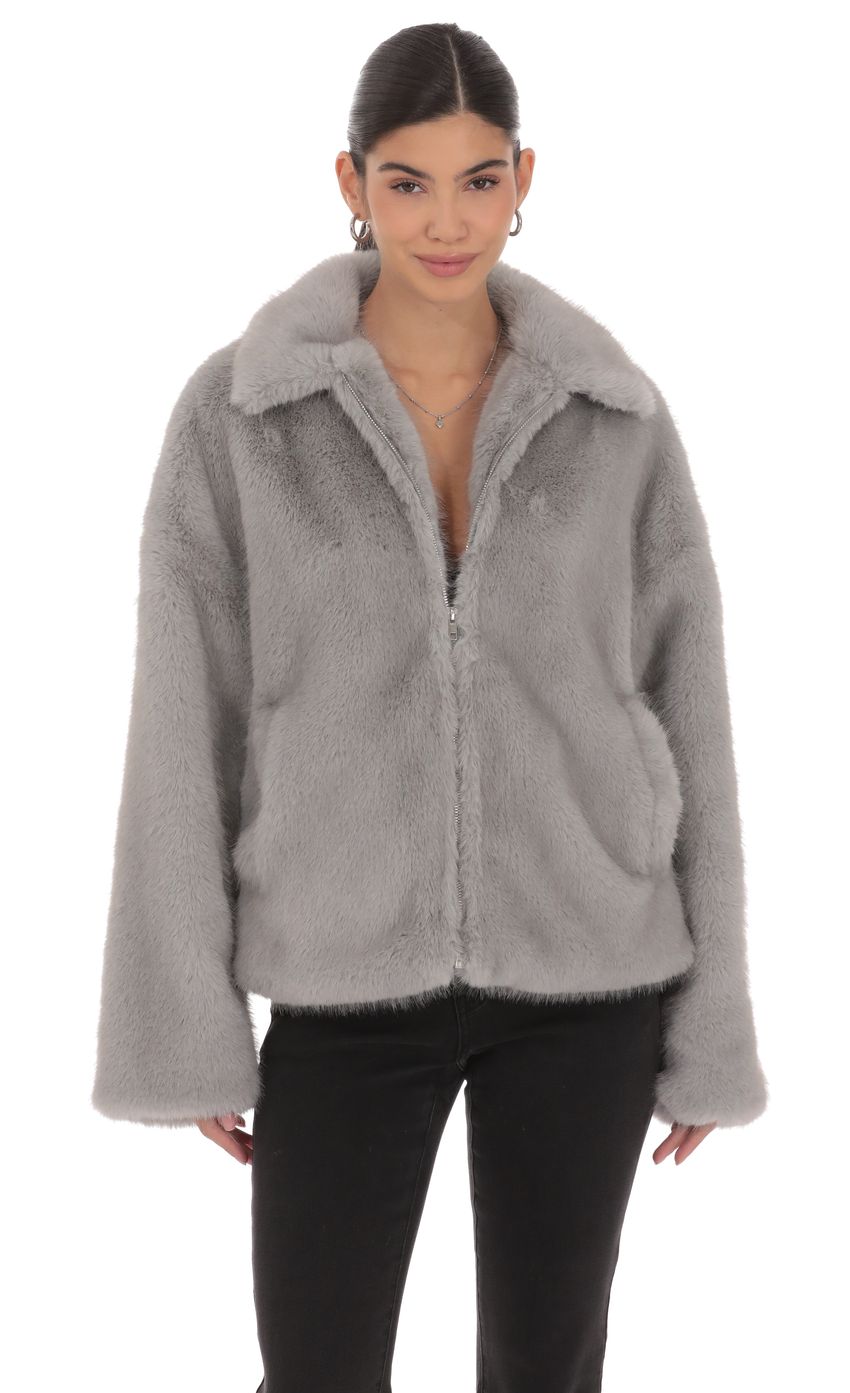 Product image for Zip-Up Faux Fur Jacket in Grey