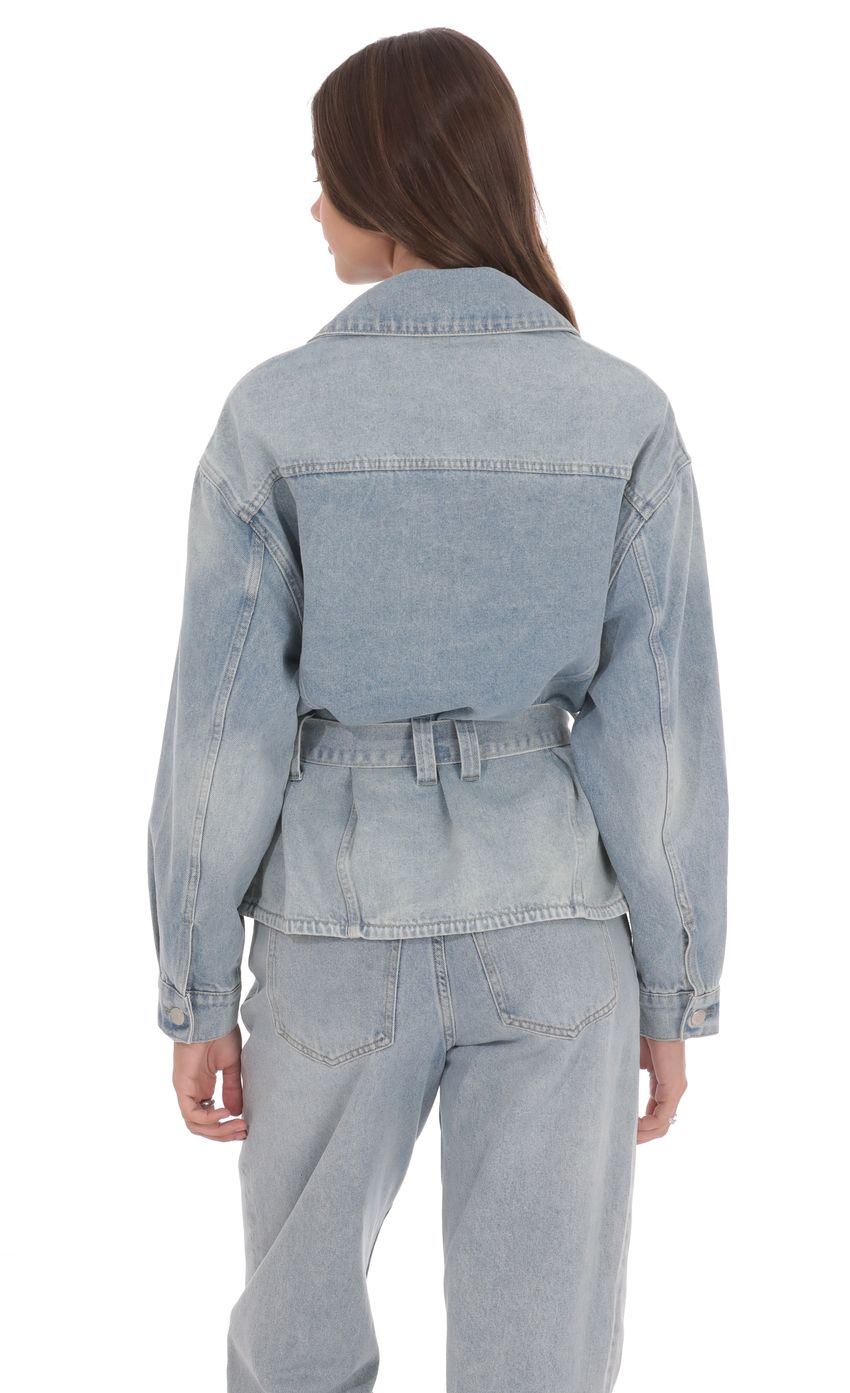 Product image for Oversized Belted Denim Jacket in Light Blue