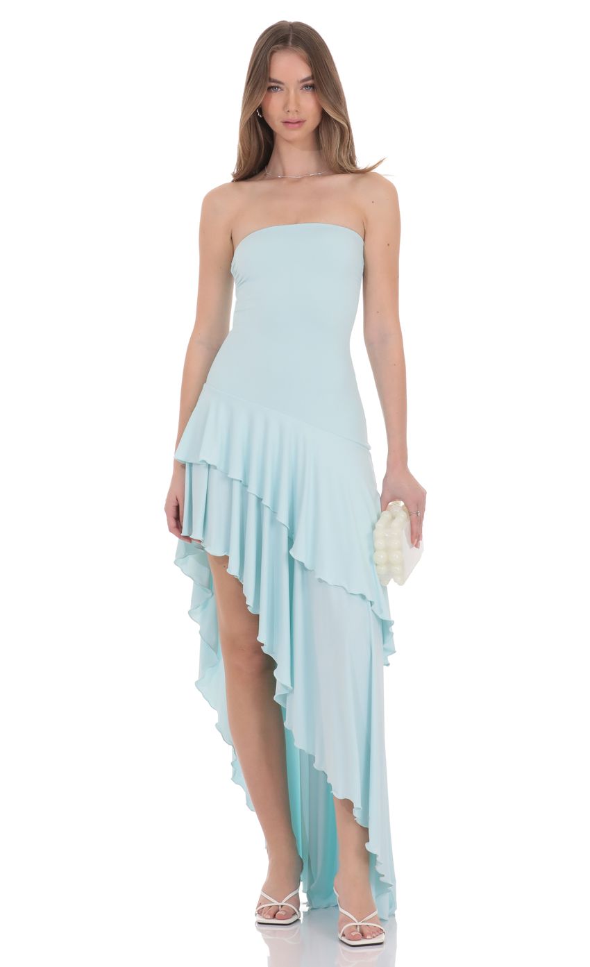 Product image for Strapless Ruffle Asymmetrical Maxi Dress in Mint
