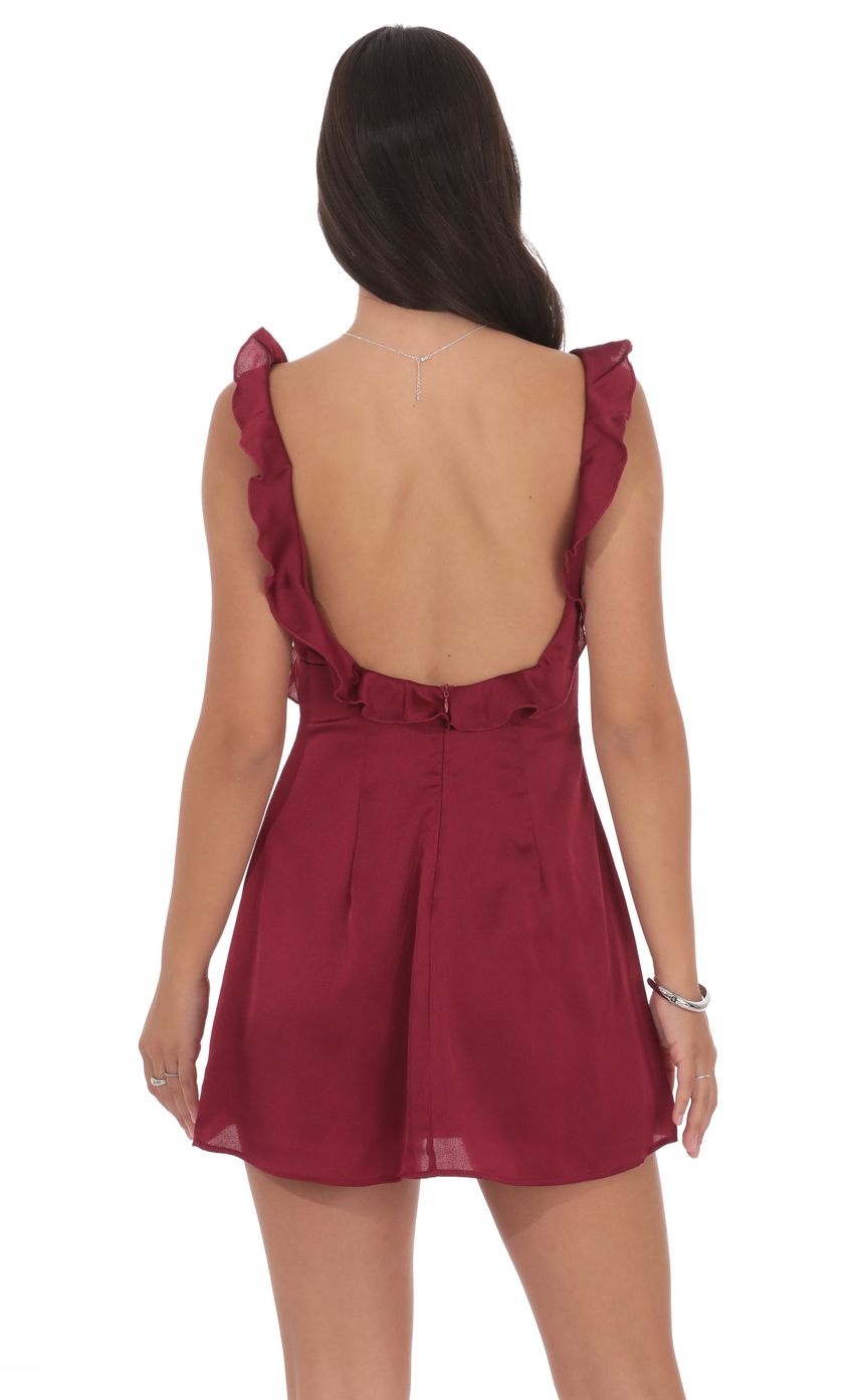 Product image for Satin Ruffle V-Neck Dress in Maroon