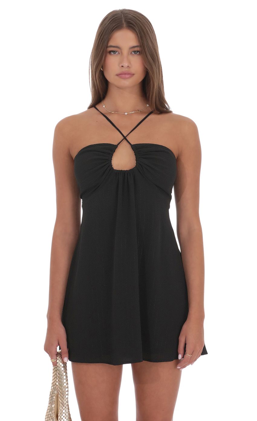 Product image for Shimmer Pinstripe Fit and Flare Dress in Black