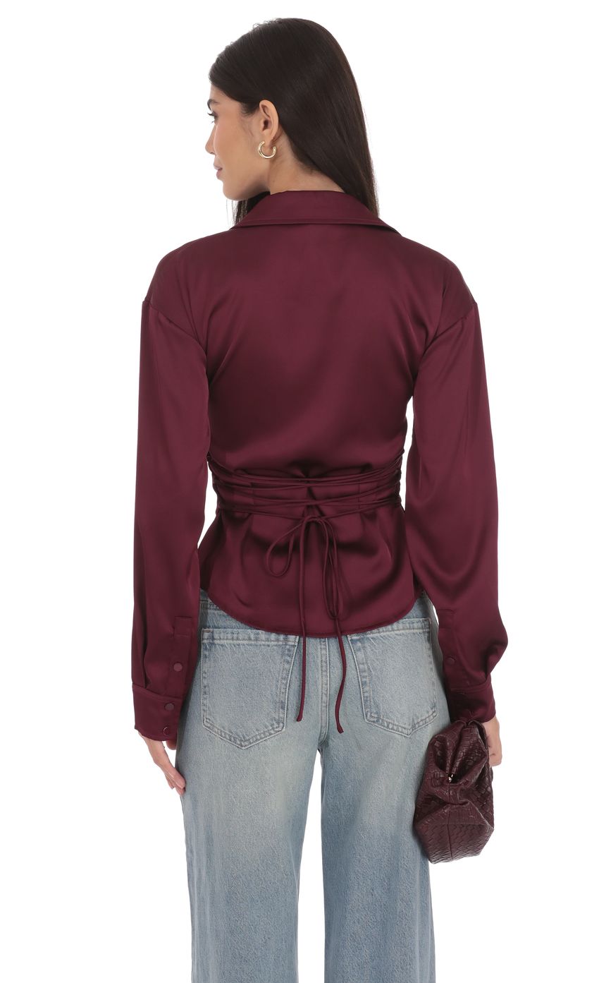 Product image for Satin Button-Up Shirt in Burgundy