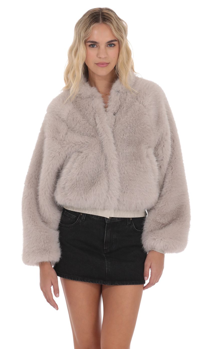 Product image for Faux Fur Bomber Jacket in Soft Taupe