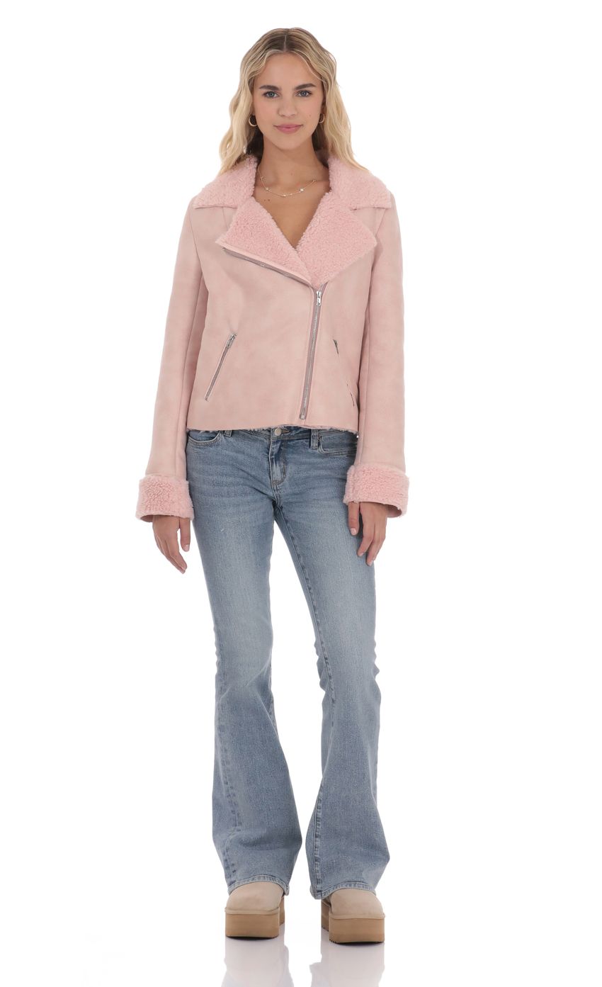 Product image for Sherpa Collar Suede Jacket in Pink