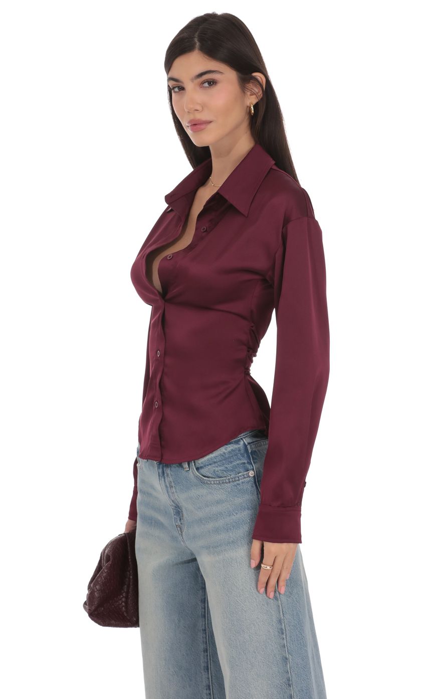 Product image for Satin Button-Up Shirt in Burgundy