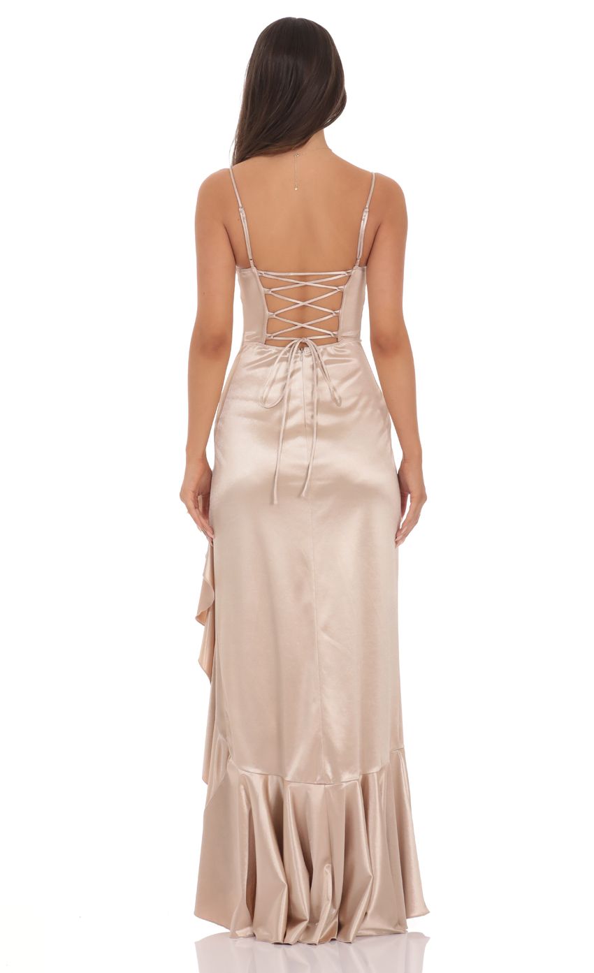 Product image for Satin Ruffle Maxi Dress in Champagne