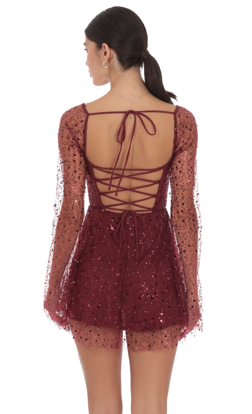 Product image for Sequin Beaded Long Sleeve Fit and Flare Dress in Burgundy