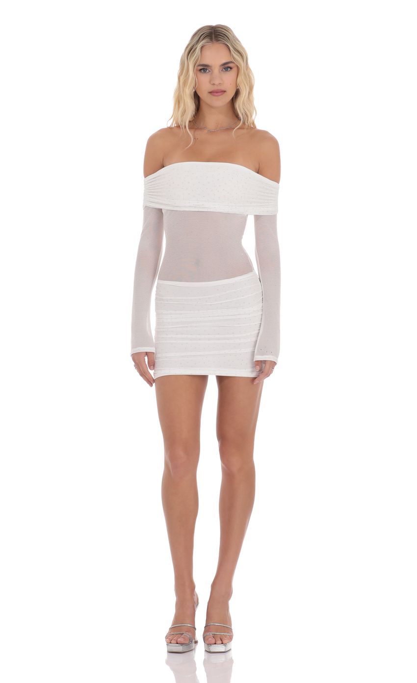 Picture Rhinestone Mesh Off Shoulder Dress in White. Source: https://media-img.lucyinthesky.com/data/product-media/850xAUTO/a6f3cfc2-c8a3-4910-8abd-6ff2e23ea40b.jpg
