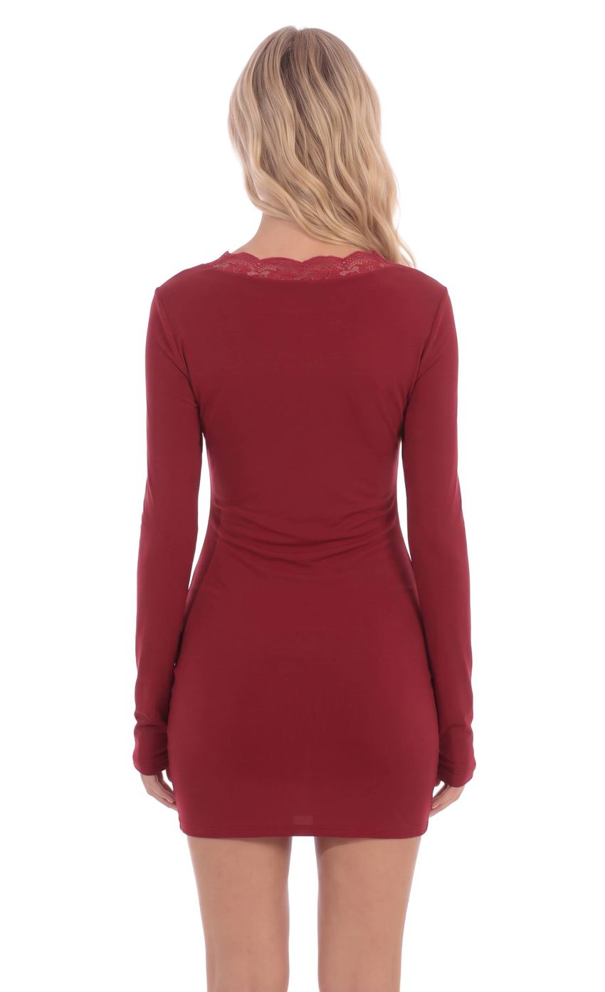 Product image for Lace Trim Long Sleeve Mini Dress in Burgundy