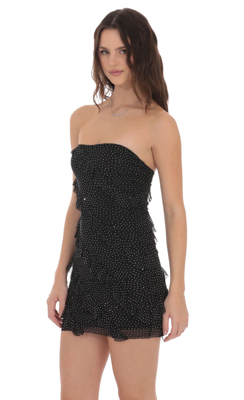 Product image for Mesh Rhinestone Strapless Ruffle Dress in Black