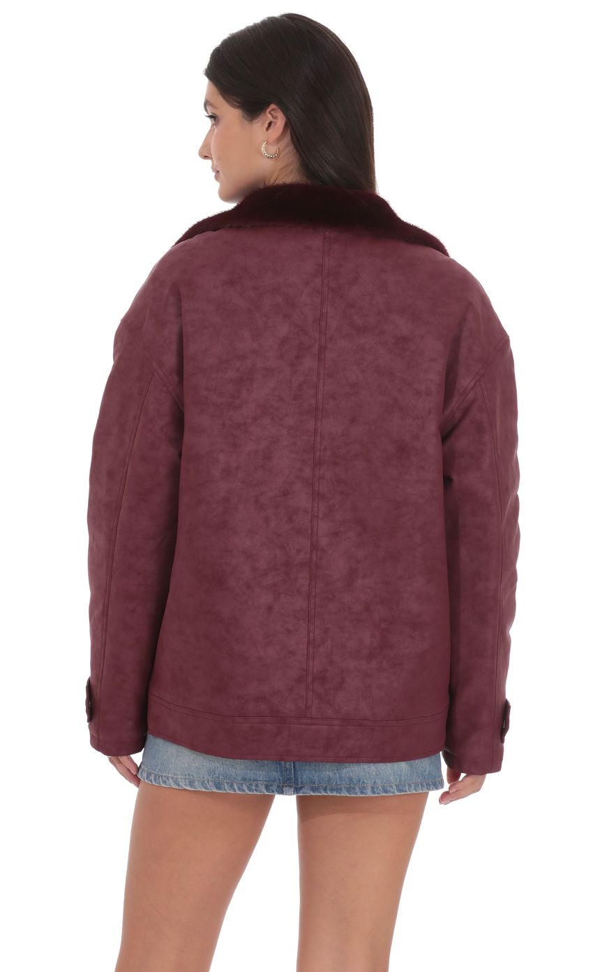 Product image for Oversized Fur Collar Jacket in Burgundy