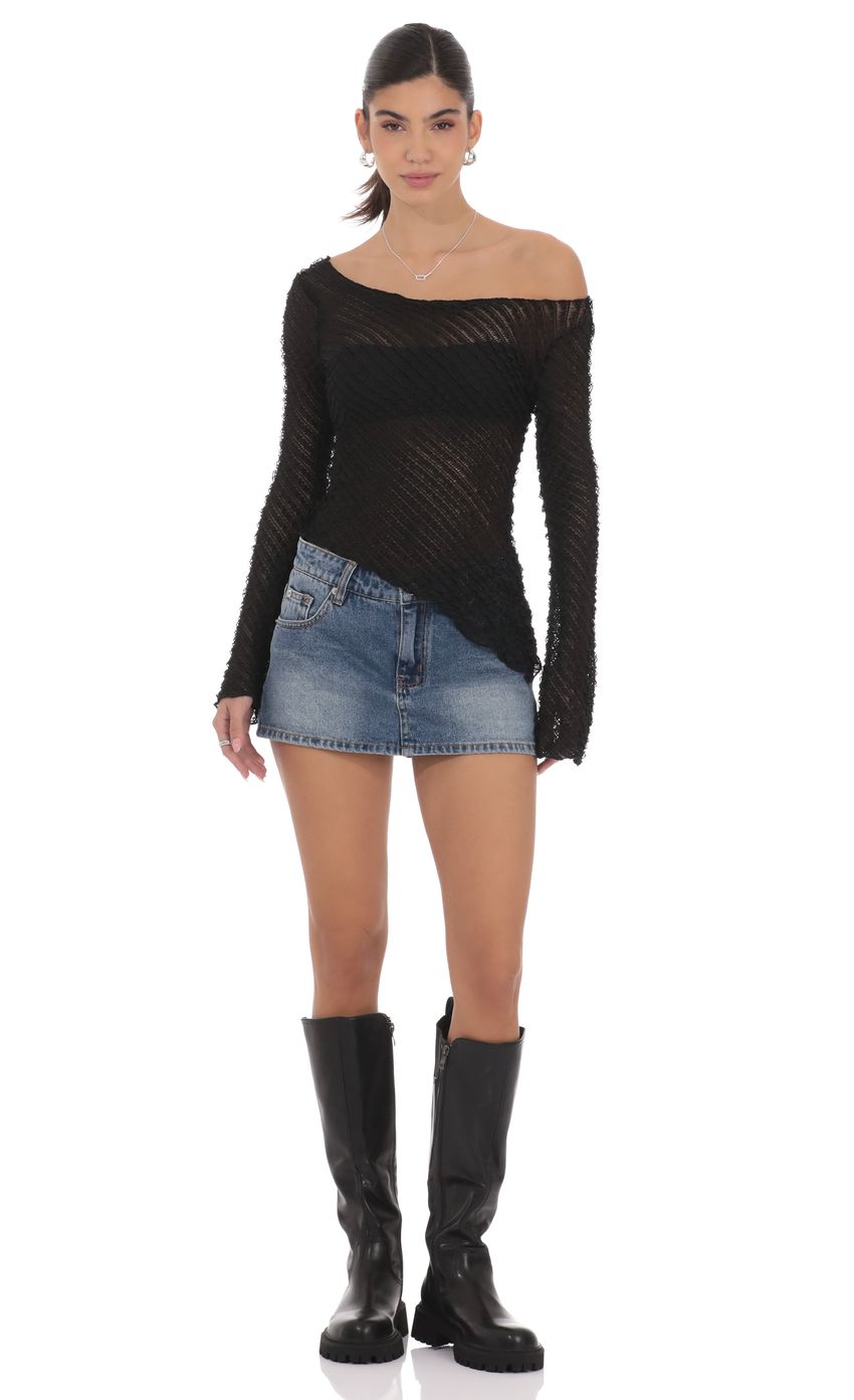 Product image for Ruffle Asymmetrical Sheer Lace Top in Black