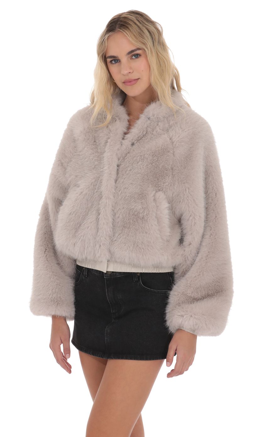 Product image for Faux Fur Bomber Jacket in Soft Taupe