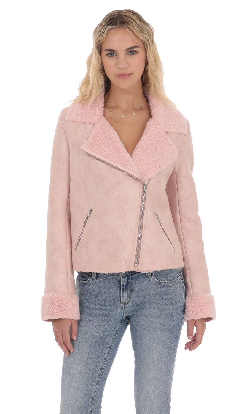 Product image for Sherpa Collar Suede Jacket in Pink