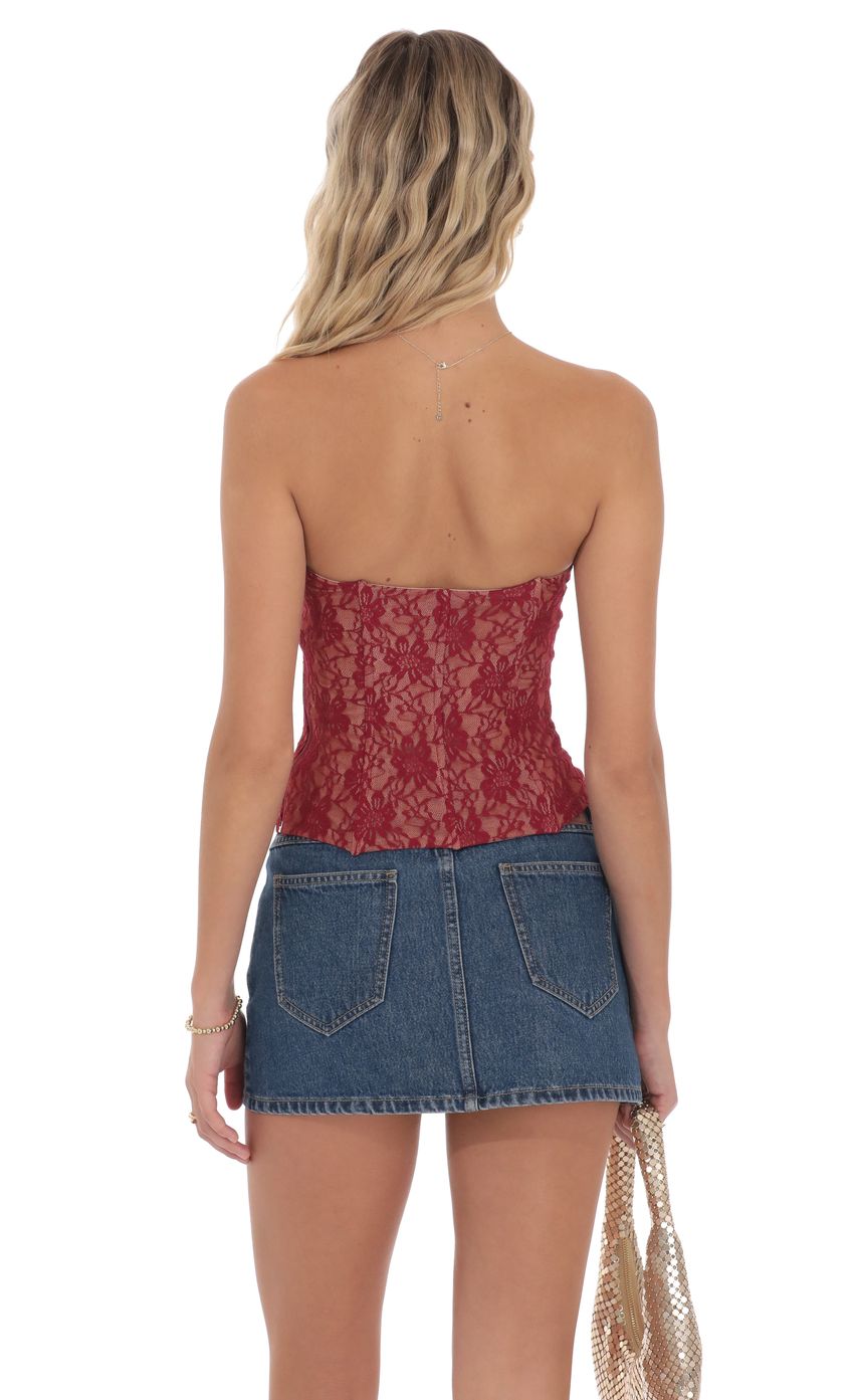 Product image for Strapless Lace Corset Top in Red and Tan