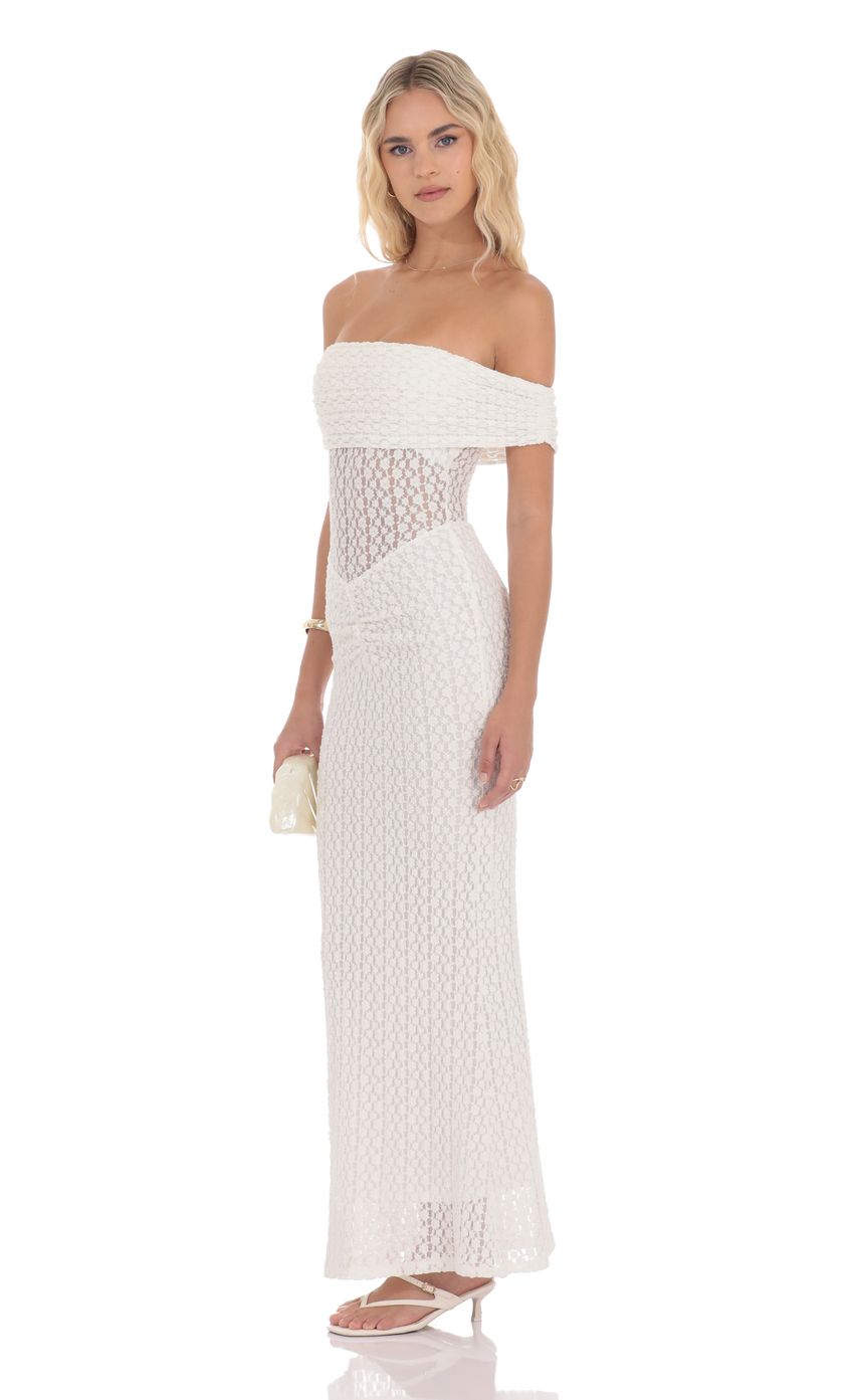 Picture Off Shoulder Lace Bodycon Maxi Dress in White. Source: https://media-img.lucyinthesky.com/data/product-media/850xAUTO/aa877a5c-8f94-4267-8efd-261e10263dd2.jpg