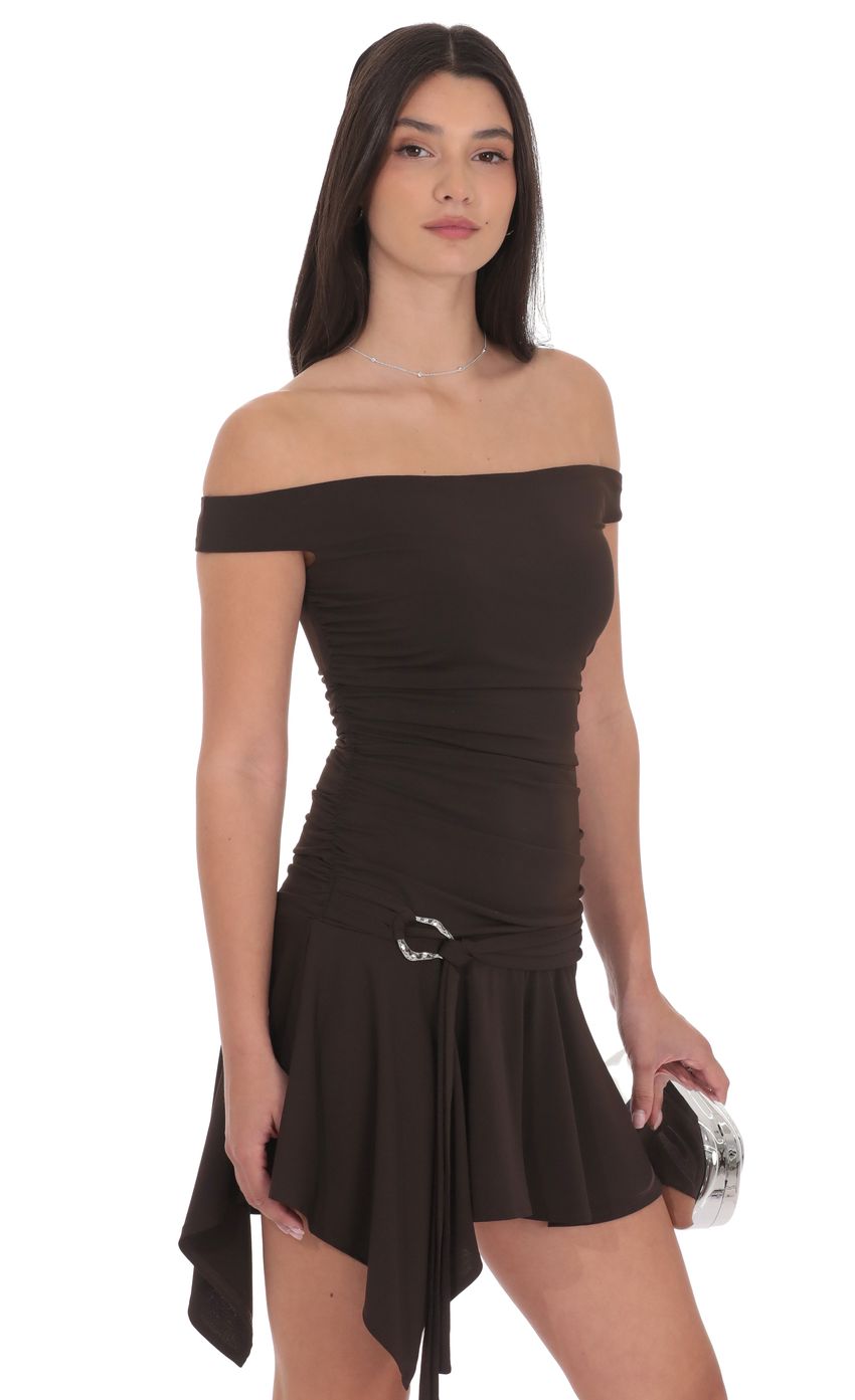 Product image for Embellished Off Shoulder Flare Dress in Brown