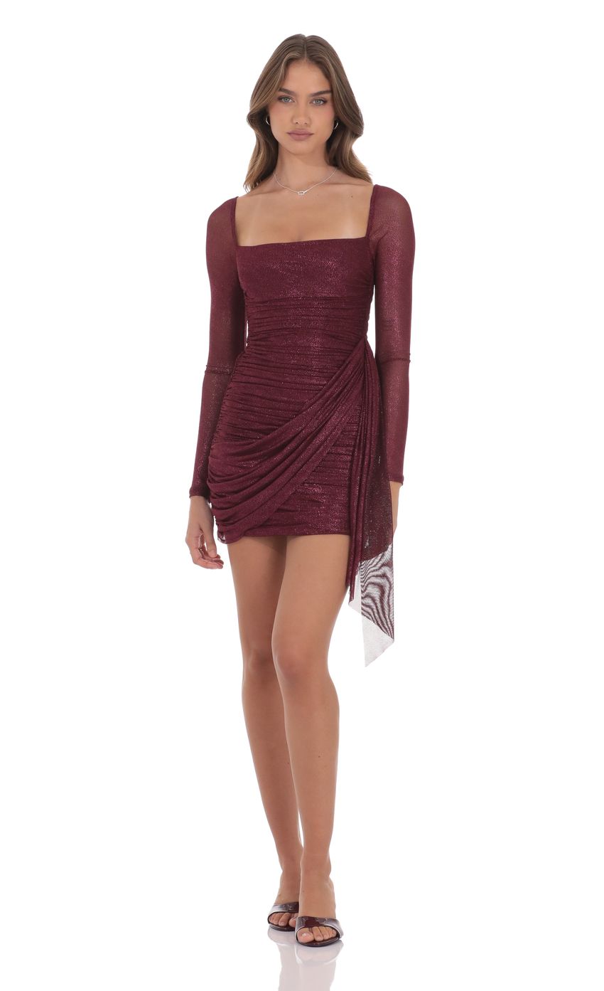 Product image for Foil Mesh Long Sleeve Tassel Dress in Burgundy