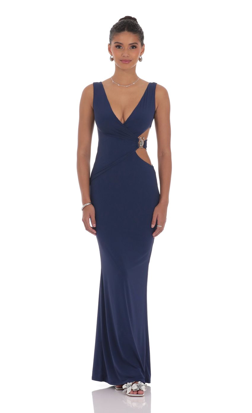 Picture V-Neck Conch Cutout Maxi Dress in Navy. Source: https://media-img.lucyinthesky.com/data/product-media/850xAUTO/ab8b0d71-09e3-4d3a-95d1-1fc88acf810b.jpg