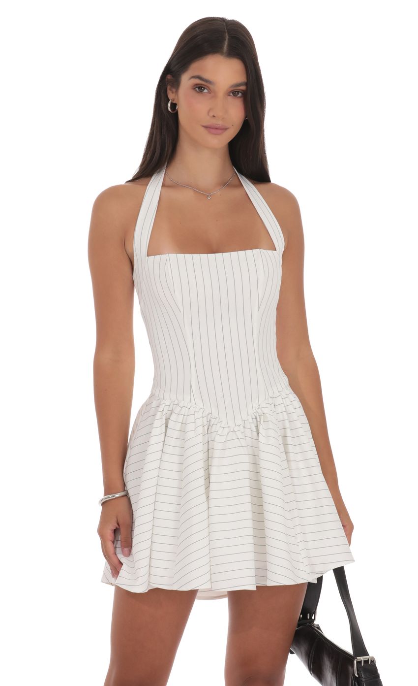 Product image for Pinstripe Halter A-line Dress in White