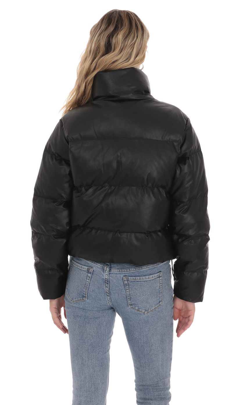 Product image for Faux Leather Puffer Jacket in Black