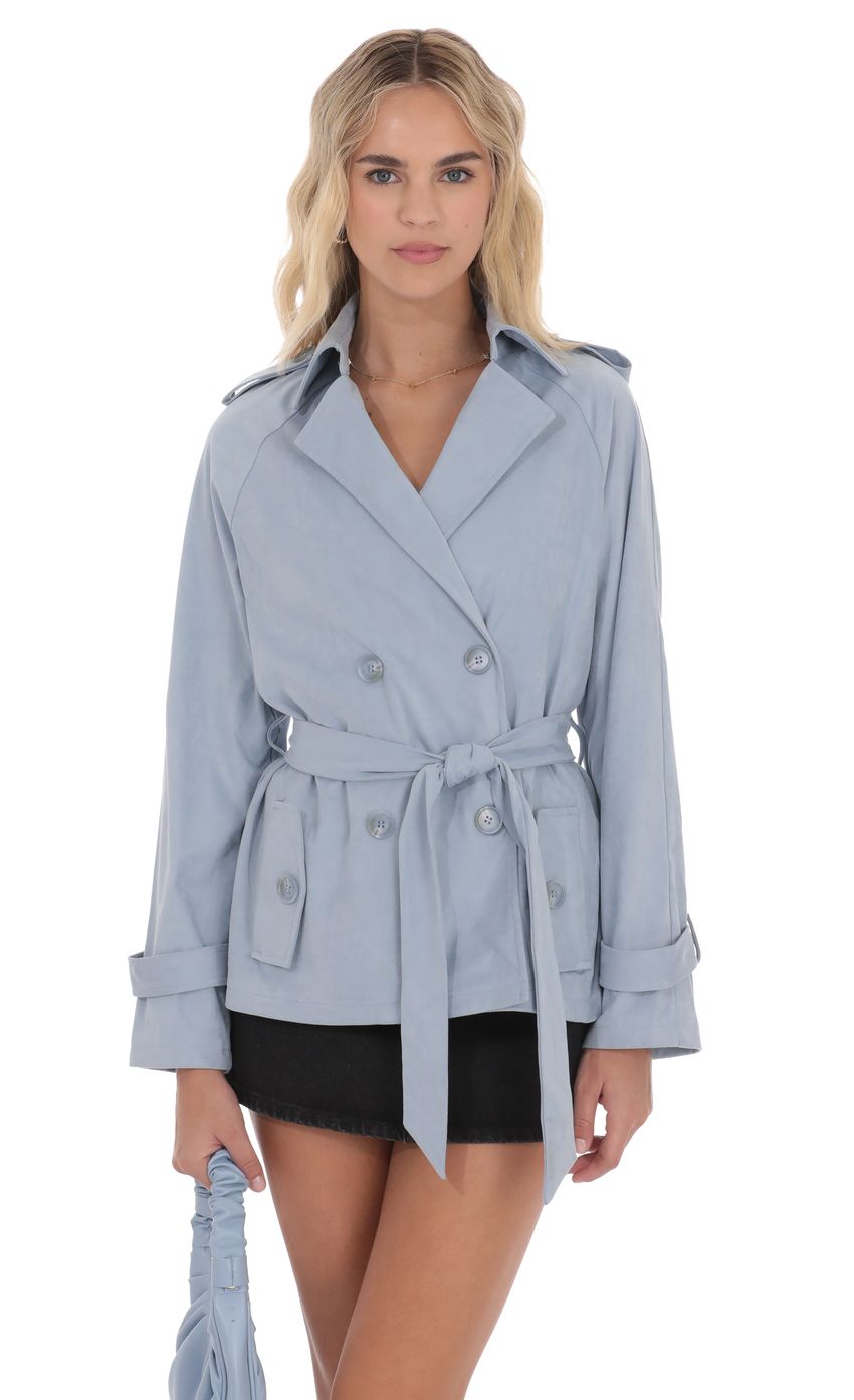 Product image for Suede Double Breasted Trench Coat in Sky Blue
