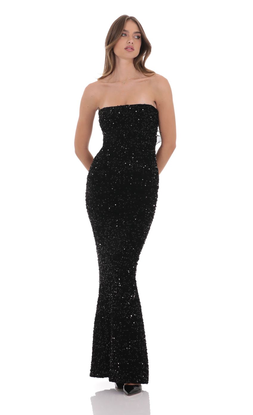 Picture Velvet Sequin Strapless Maxi Dress in Black. Source: https://media-img.lucyinthesky.com/data/product-media/850xAUTO/ae59ee0e-ee0f-40b3-a66f-01e46d9a6d3c.jpg