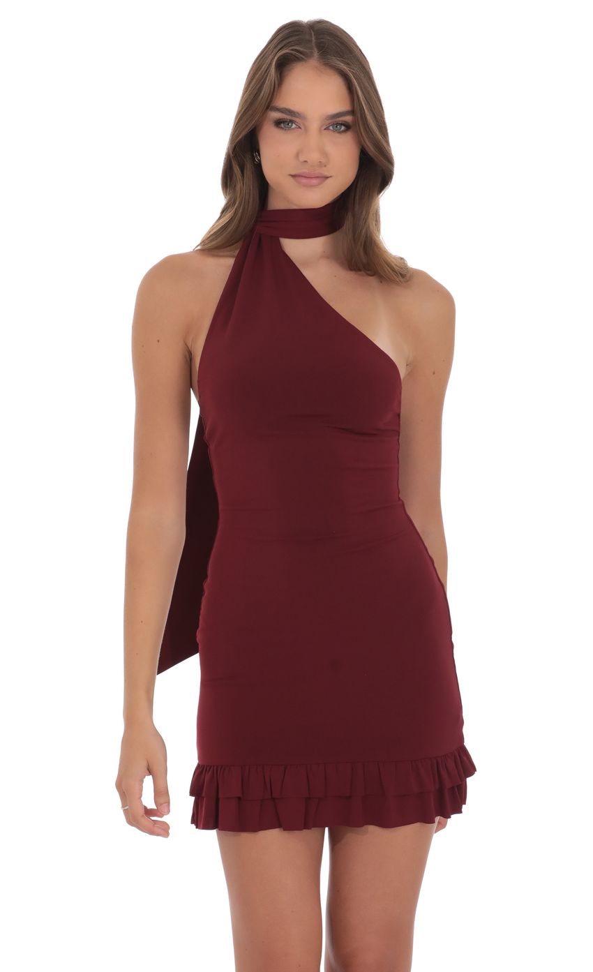 Product image for Scarf Halter Ruffle Dress in Burgundy