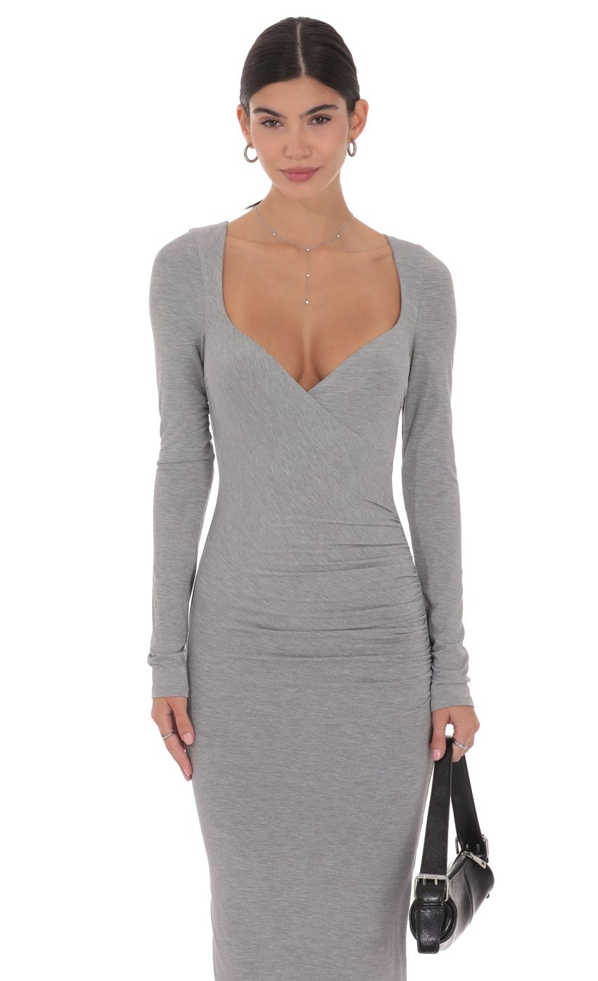 Product image for V-Neck Long Sleeve Maxi Dress in Grey