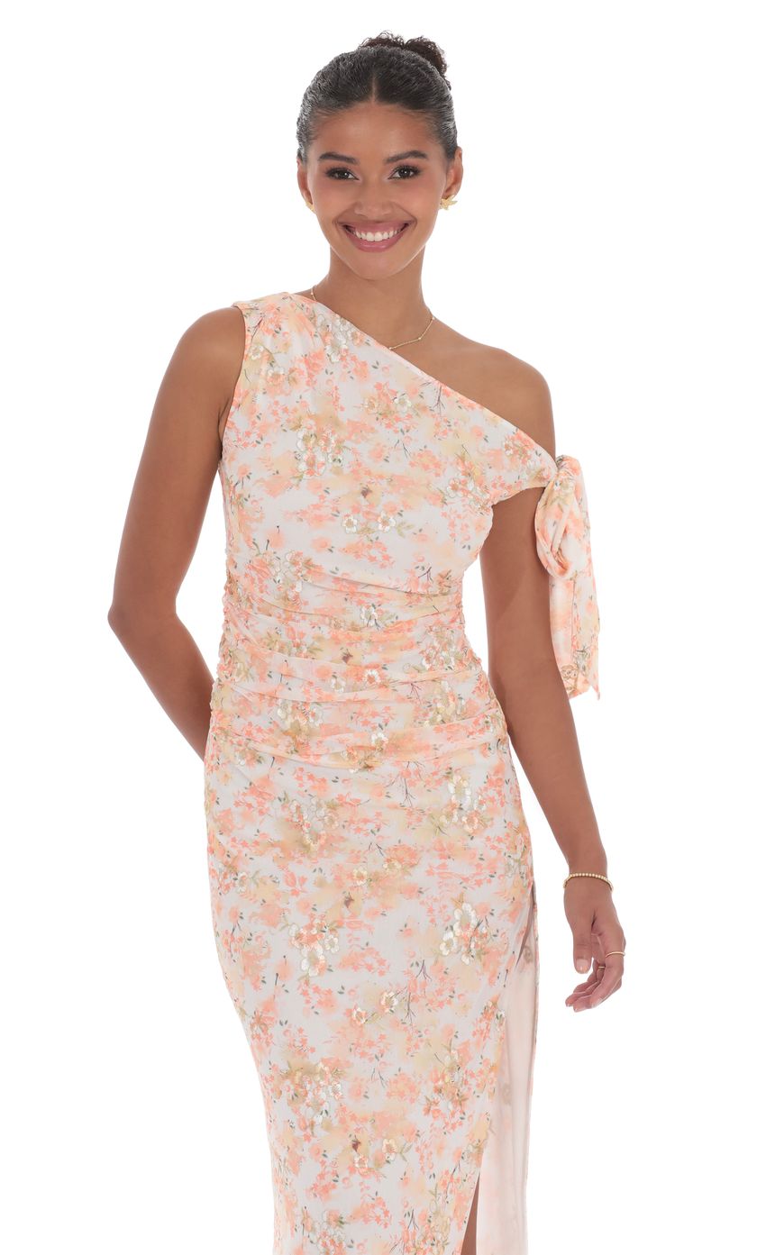 Picture Floral Shimmer Off Shoulder Maxi Dress in Peach. Source: https://media-img.lucyinthesky.com/data/product-media/850xAUTO/af60cbce-4d60-41c3-9059-097ce812d239.jpg