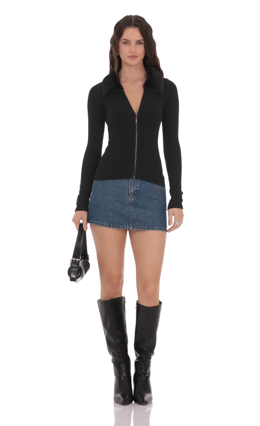 Product image for Fur Collar Zip-Up Cardigan in Black