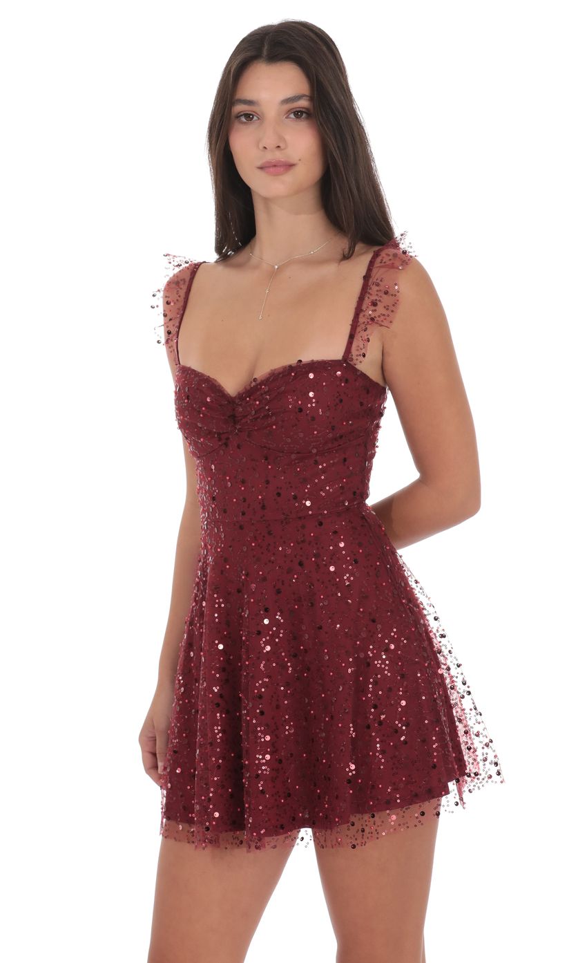 Product image for Sequin Ruffle Strap A-Line Dress in Burgundy