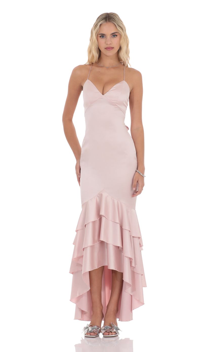 Picture Satin Ruffle Fishtail Maxi Dress in Pink. Source: https://media-img.lucyinthesky.com/data/product-media/850xAUTO/b0cf913d-10d6-4303-b948-1979538f7950.jpg