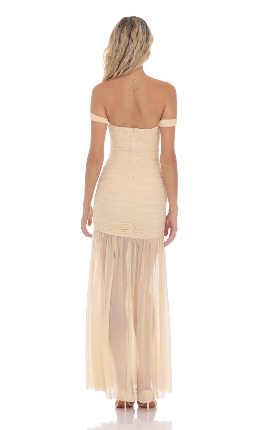 Picture Mesh Off Shoulder Ruched Maxi Dress in Beige. Source: https://media-img.lucyinthesky.com/data/product-media/850xAUTO/b1f77e9a-59c3-4e34-840f-d57d96b05d29.jpg