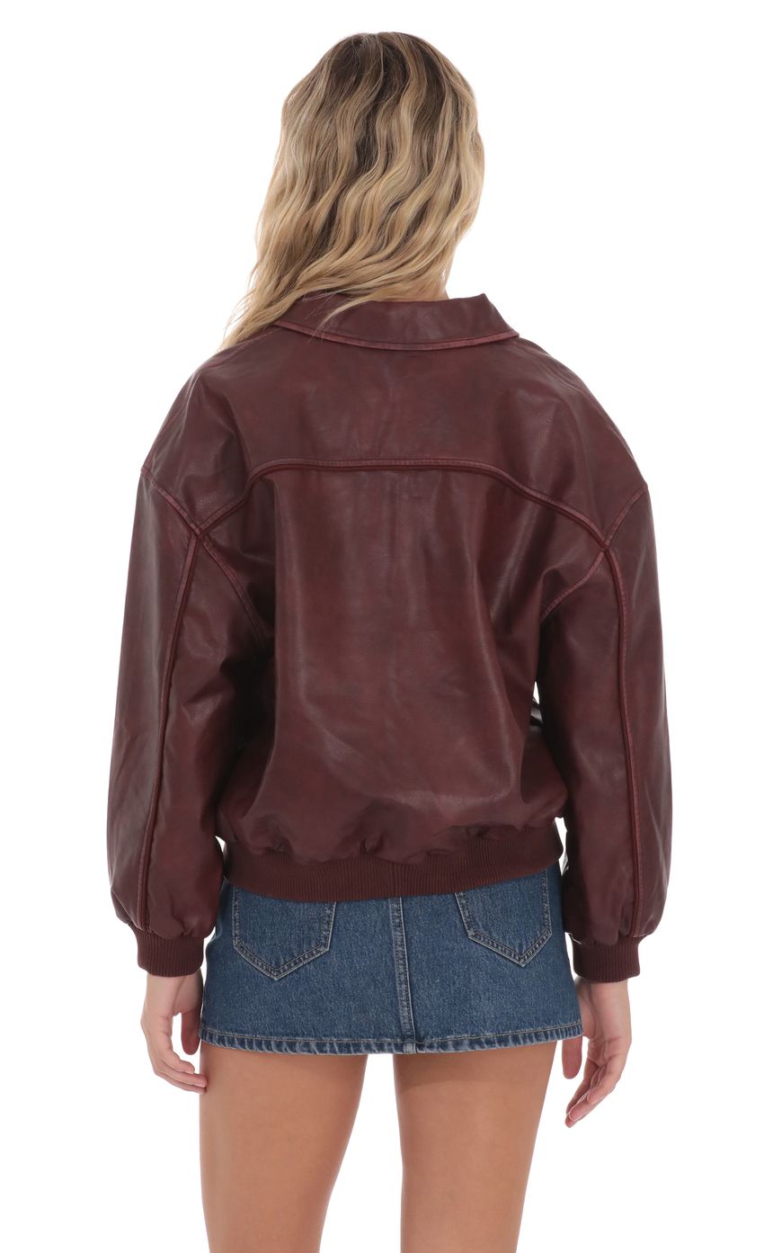 Product image for Faux Leather Bomber in Burgundy