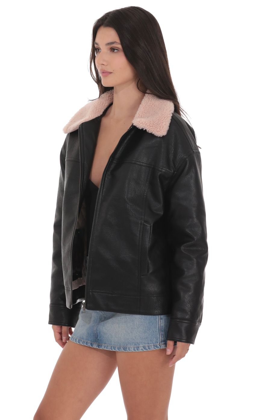 Product image for Faux Leather Sherpa Collar Jacket in Black