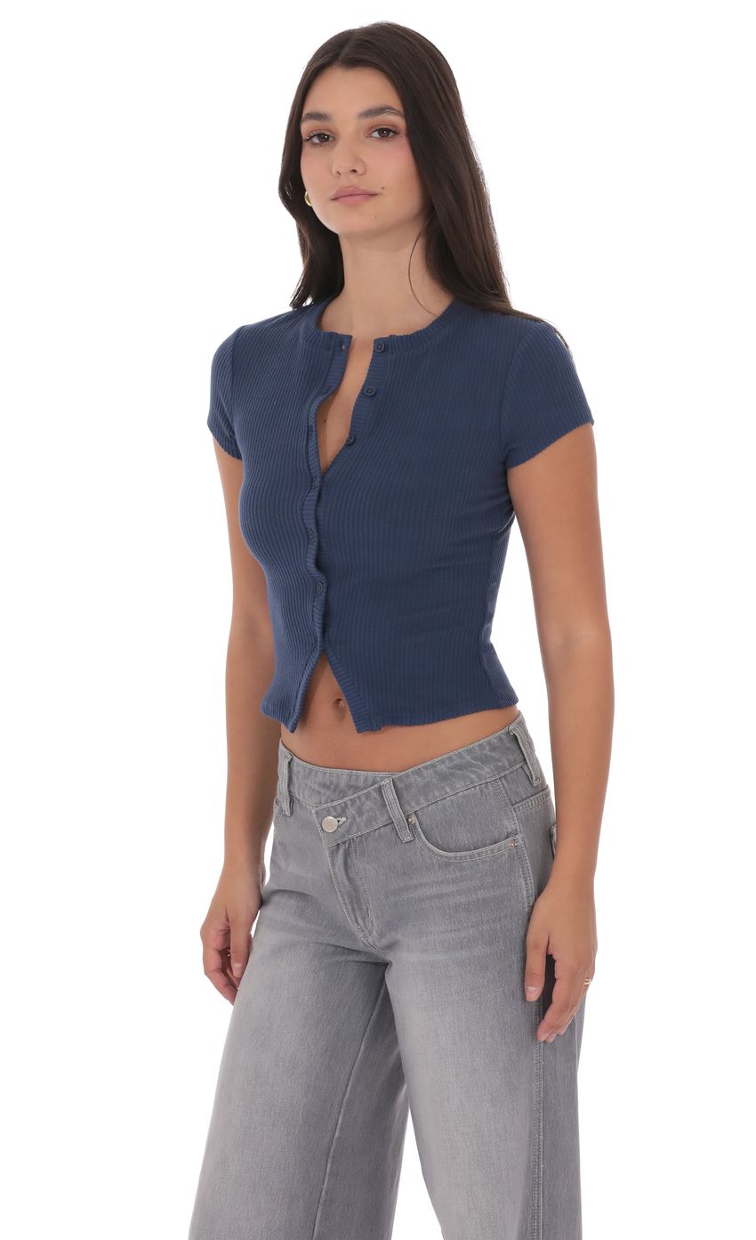 Product image for Ribbed Short Sleeve Top in Navy