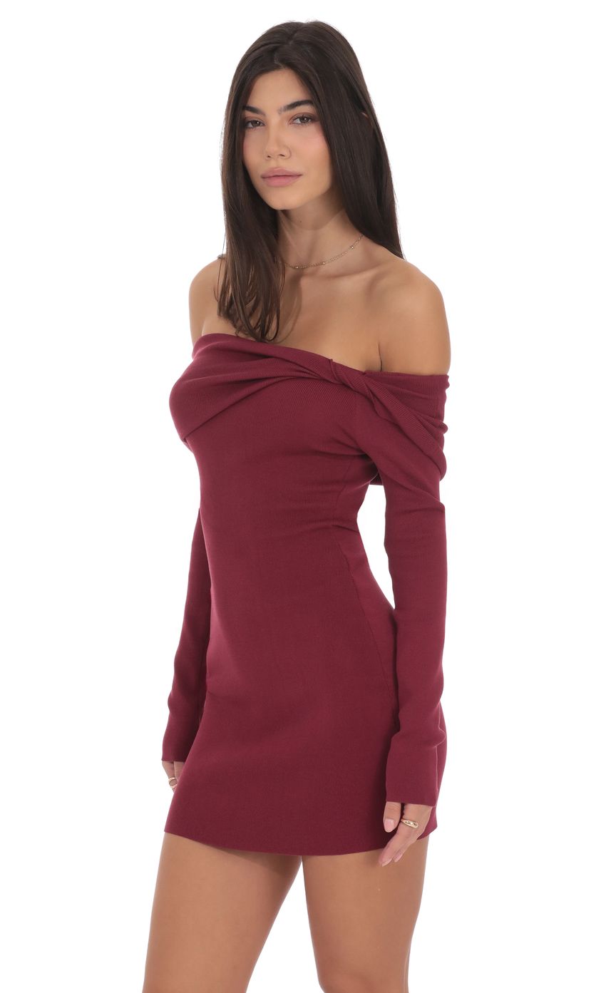 Product image for Ribbed Twist Off Shoulder Dress in Plum
