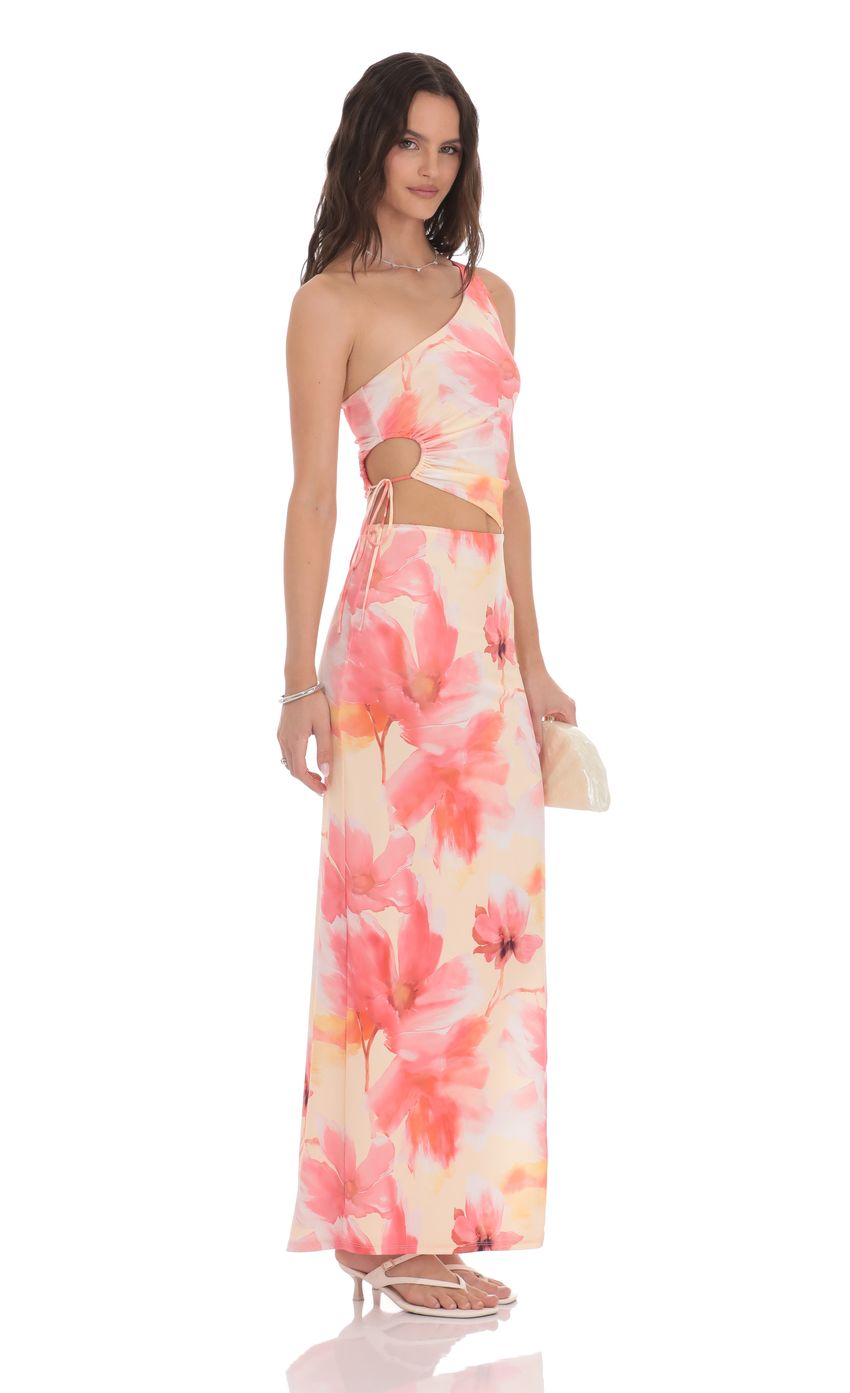 Picture Floral One Shoulder Cutout Maxi Dress in Orange. Source: https://media-img.lucyinthesky.com/data/product-media/850xAUTO/b40d11ef-c2e6-457b-97b1-9016c07f1295.jpg